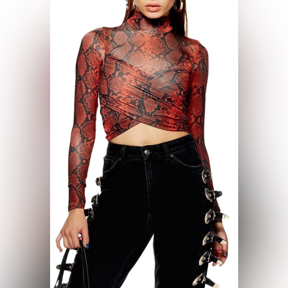 Topshop snake animal print wrap style‎ sexy long sleeve crop top blouse (A12)